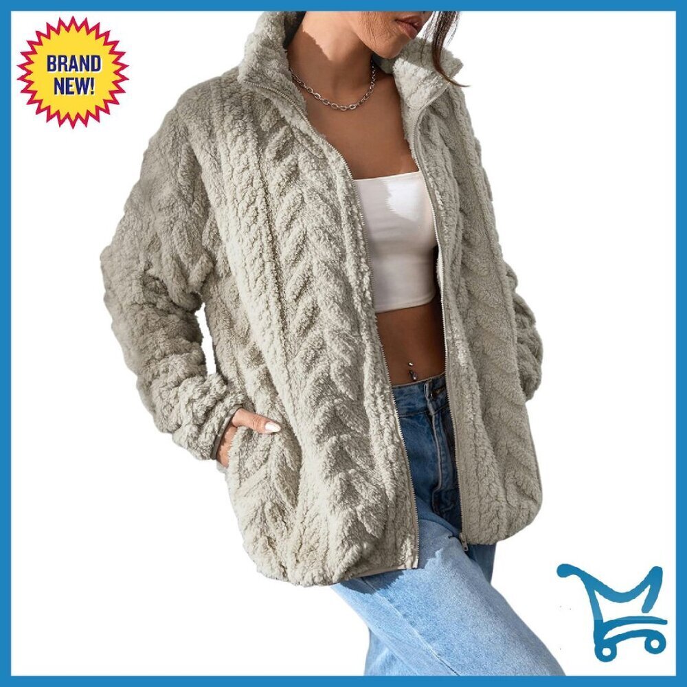 Women's Fleece Jacket with Pockets, Stand Collar, Zip Front, Cozy Winter